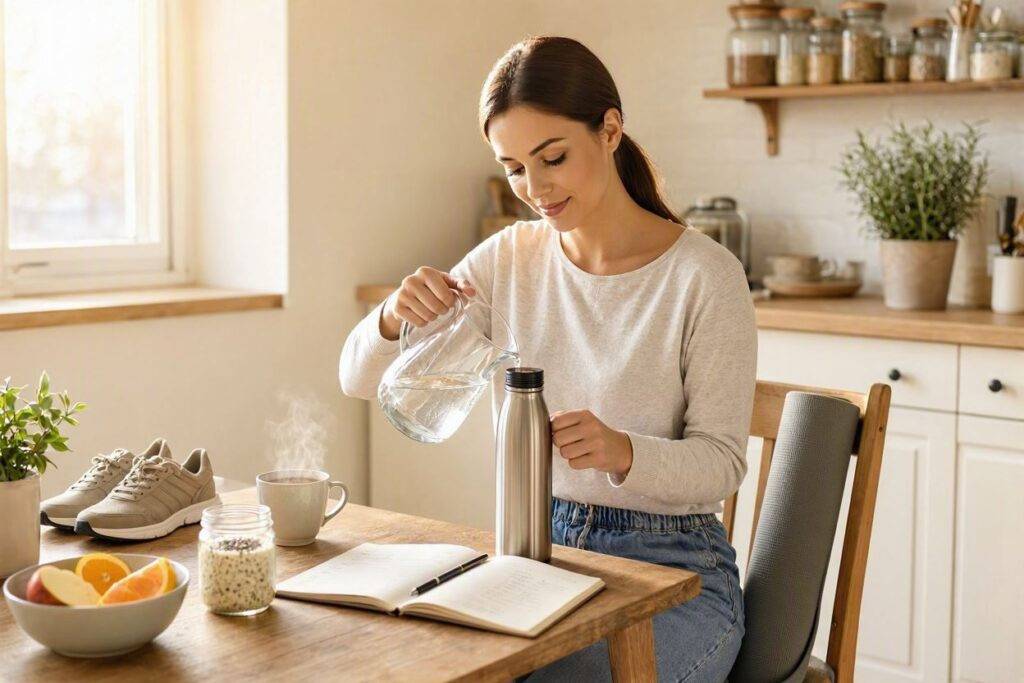 Simple Health Habits That Can Make Everyday Life Easier 3 Woman pouring water into a reusable bottle, part of a daily health routine.