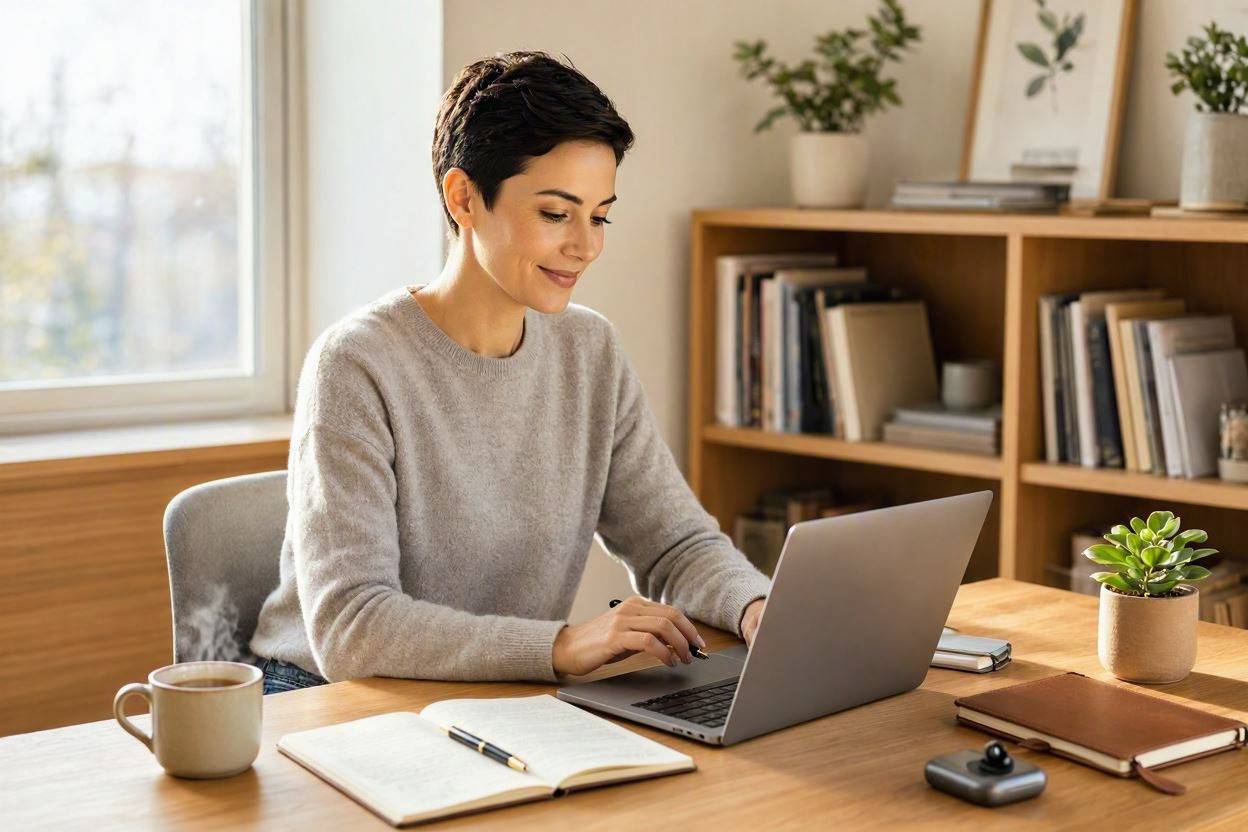 Simple Productivity Strategies That Help You Get More Done With Less Stress 1 Woman working on laptop, applying productivity strategies for better time management.