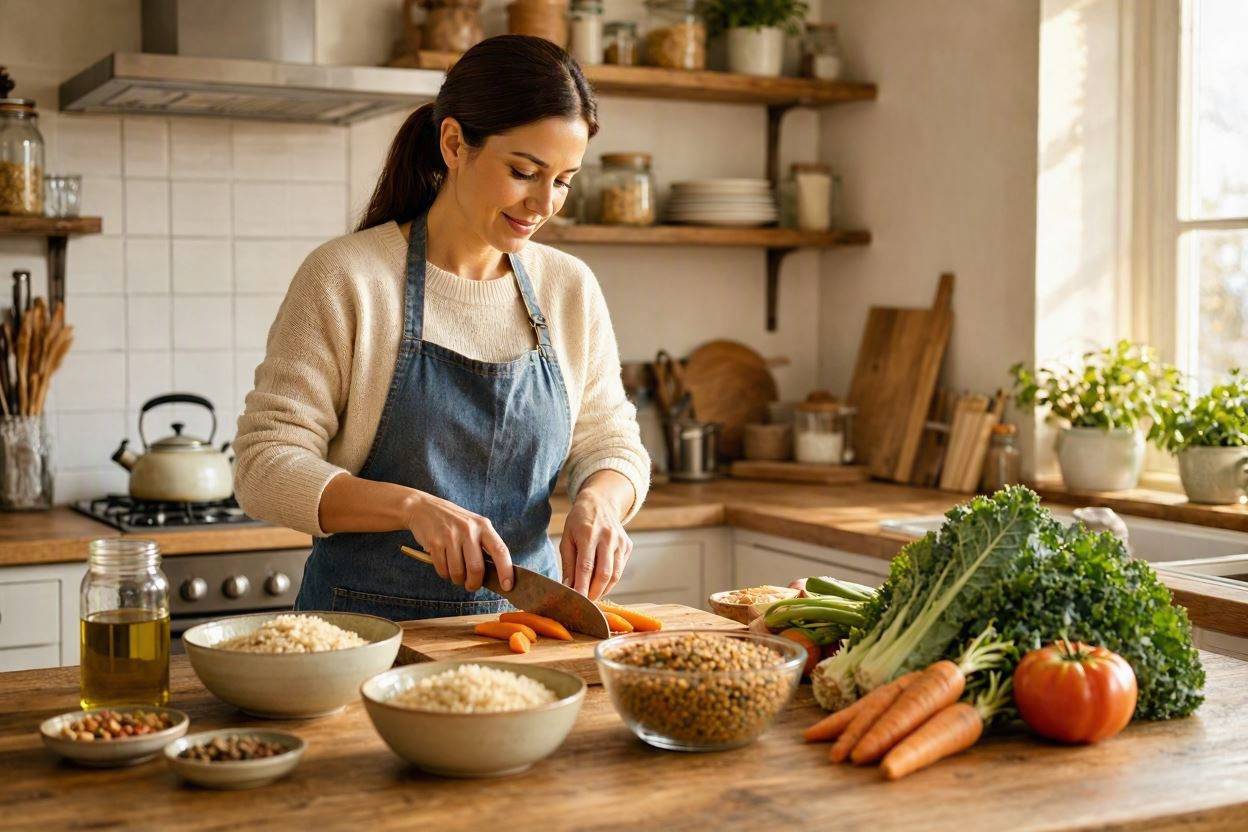 Simple Ways to Save Money on Food Without Eating Poorly 1 Woman chopping carrots for healthy, affordable meal prep to save money on groceries.